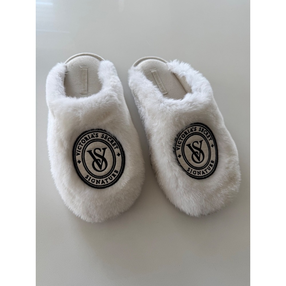 Victoria's Secret Slippers Womens L Signature Faux Fur White Slides Excellent